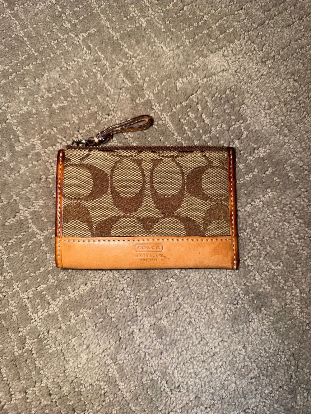Coach Brown Signature Canvas Card Case with Tan Leather Trim